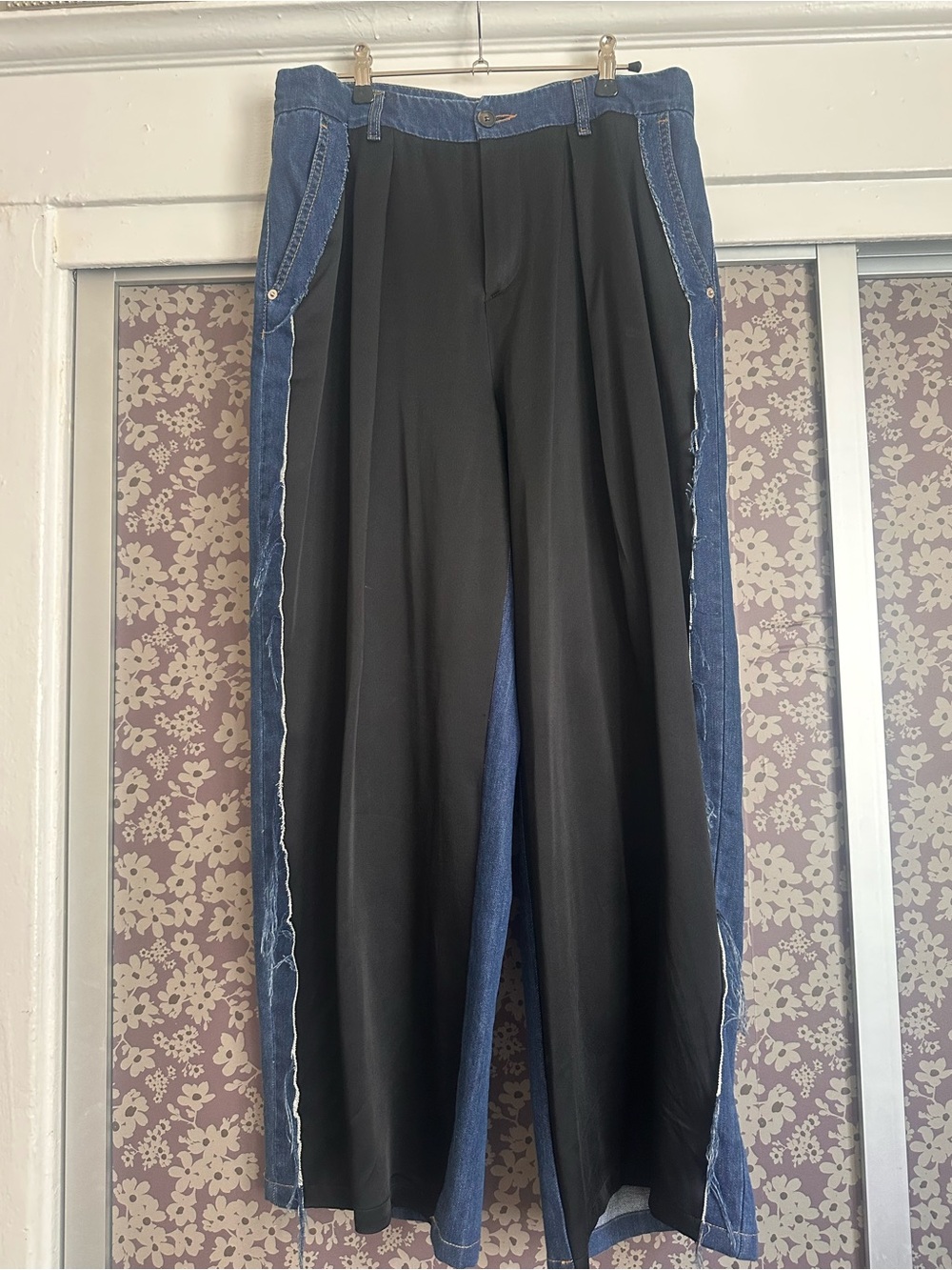 Wide Leg Two-Tone Jeans — Black Center with Blue Denim Sides